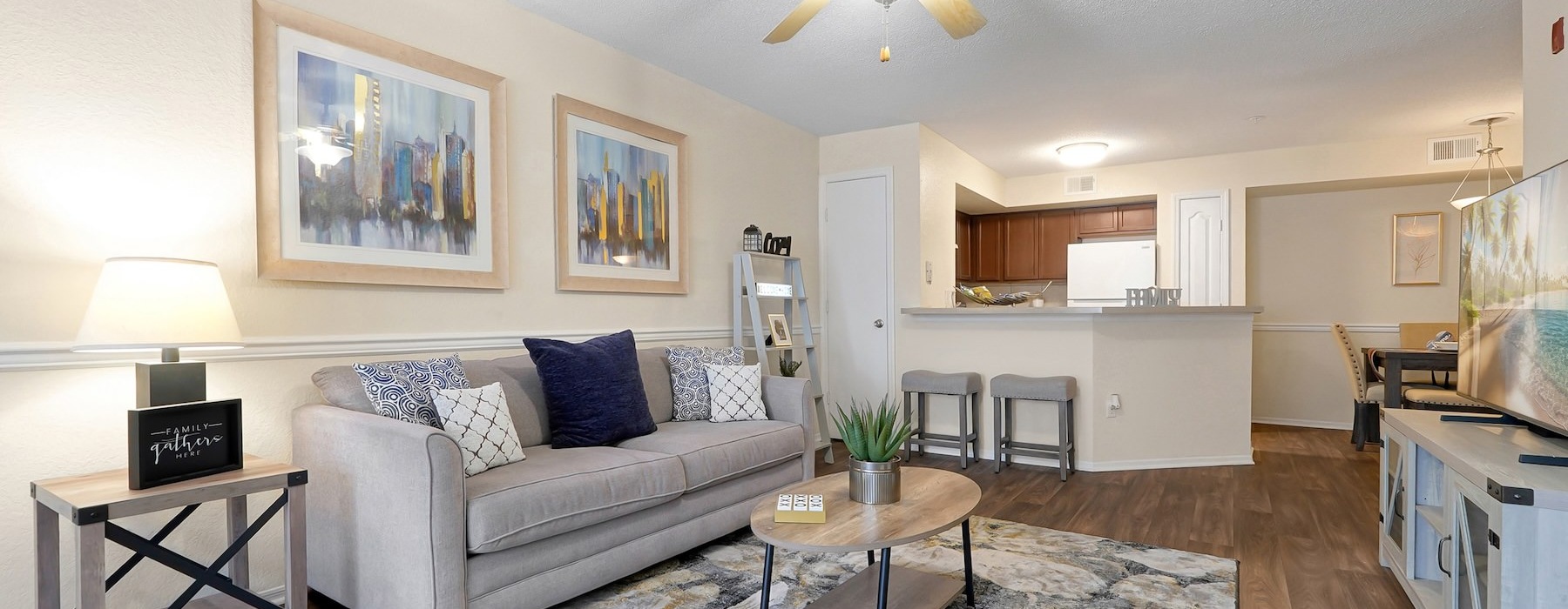 a living room with a couch and a table